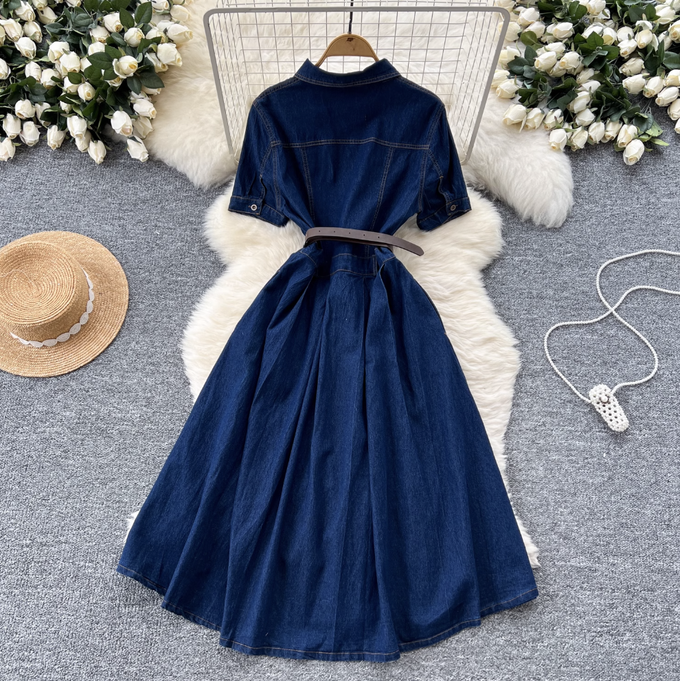Vintage Lapeled Denim Shirt Dress