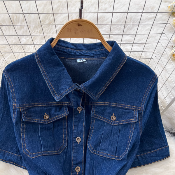 Vintage Lapeled Denim Shirt Dress