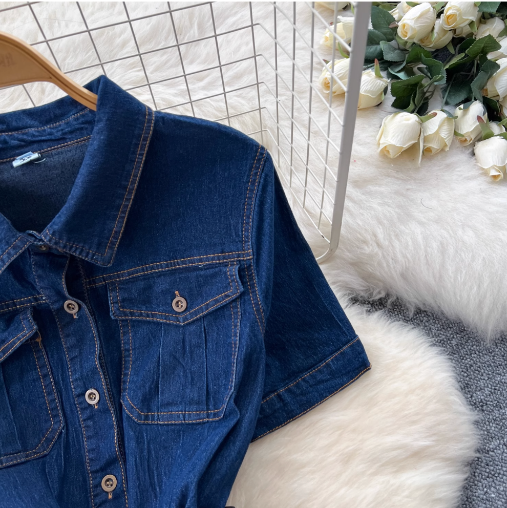 Vintage Lapeled Denim Shirt Dress