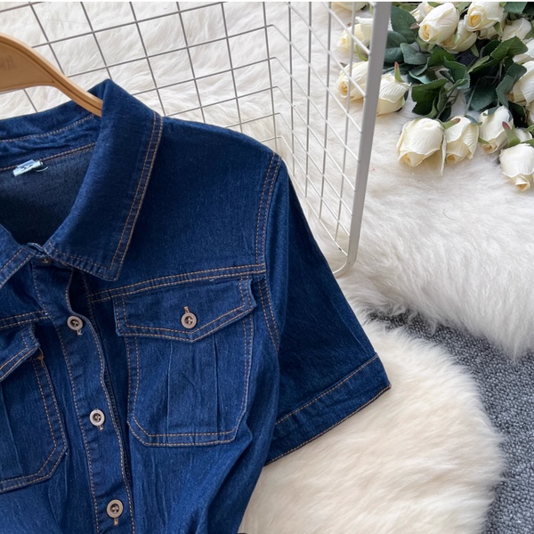 Vintage Lapeled Denim Shirt Dress