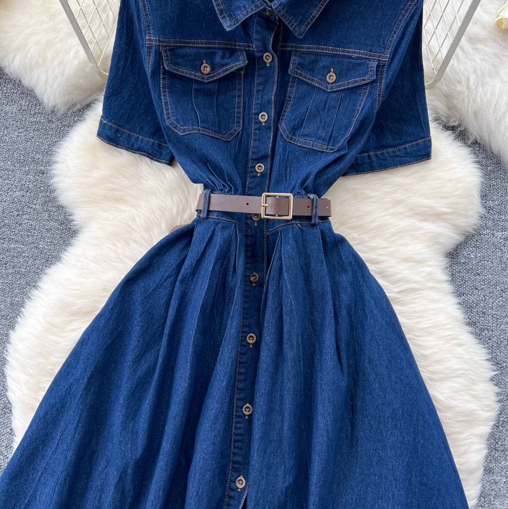Vintage Lapeled Denim Shirt Dress