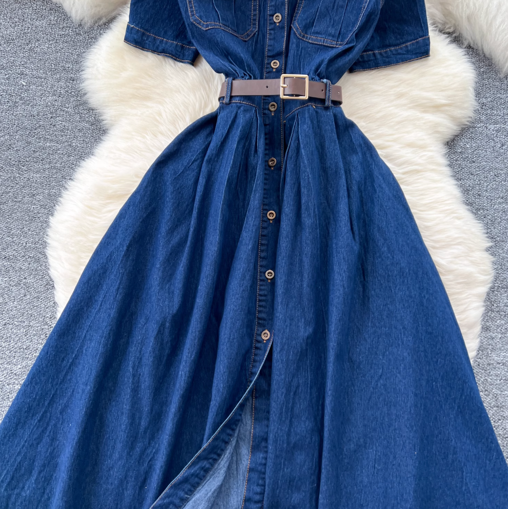 Vintage Lapeled Denim Shirt Dress