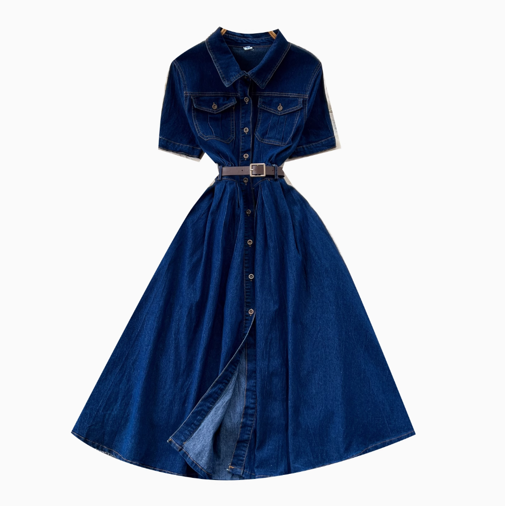 Vintage Lapeled Denim Shirt Dress