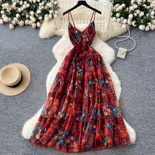 French Style Knitted Floral Plaid Dress
