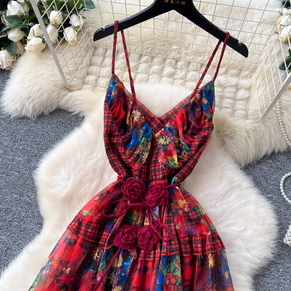 French Style Knitted Floral Plaid Dress