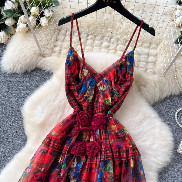 French Style Knitted Floral Plaid Dress