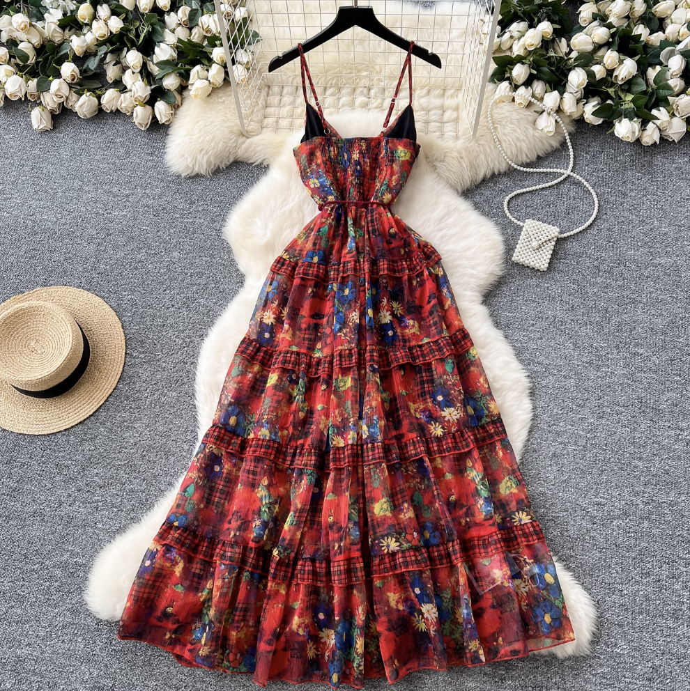 French Style Knitted Floral Plaid Dress