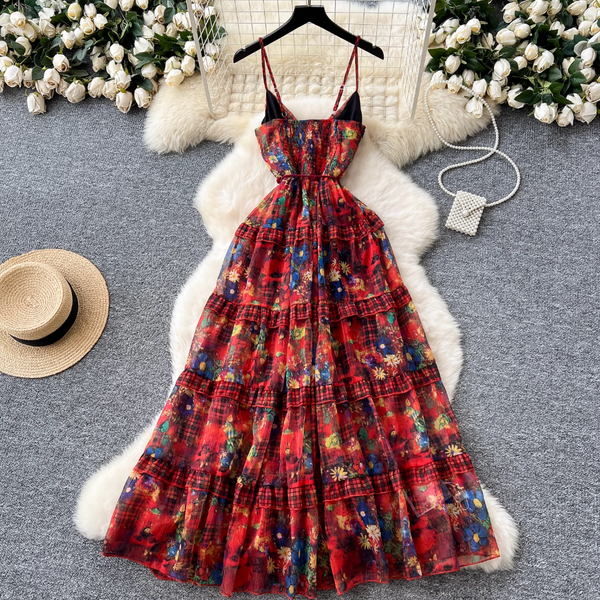 French Style Knitted Floral Plaid Dress