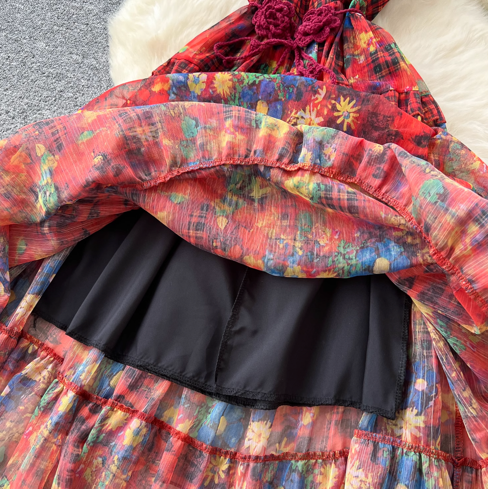 French Style Knitted Floral Plaid Dress