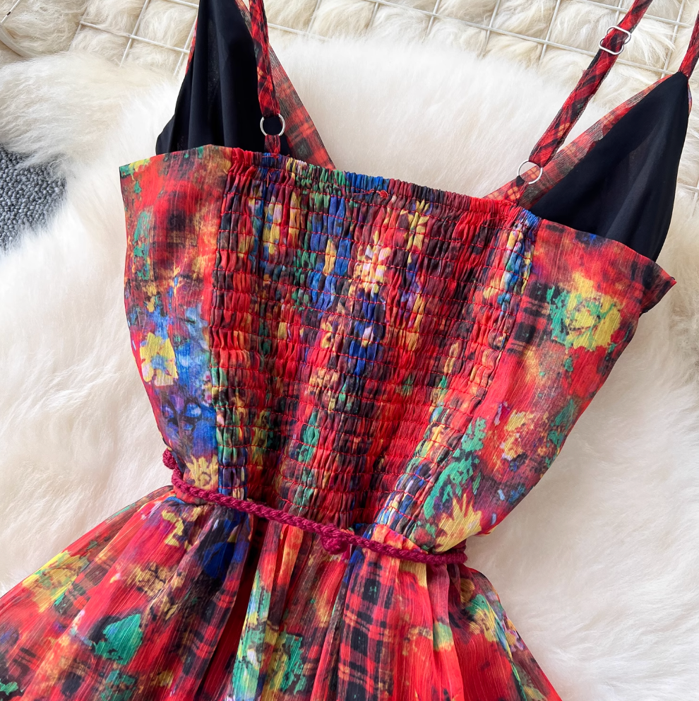 French Style Knitted Floral Plaid Dress