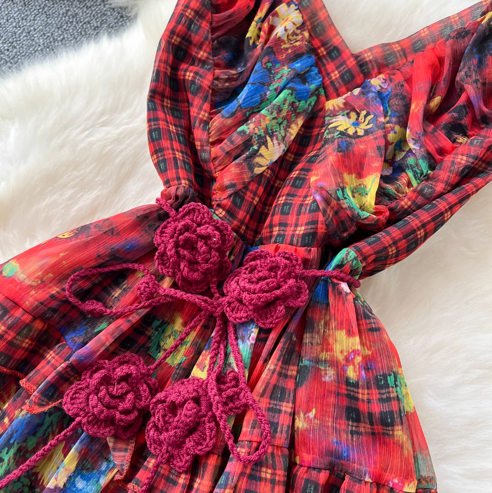French Style Knitted Floral Plaid Dress