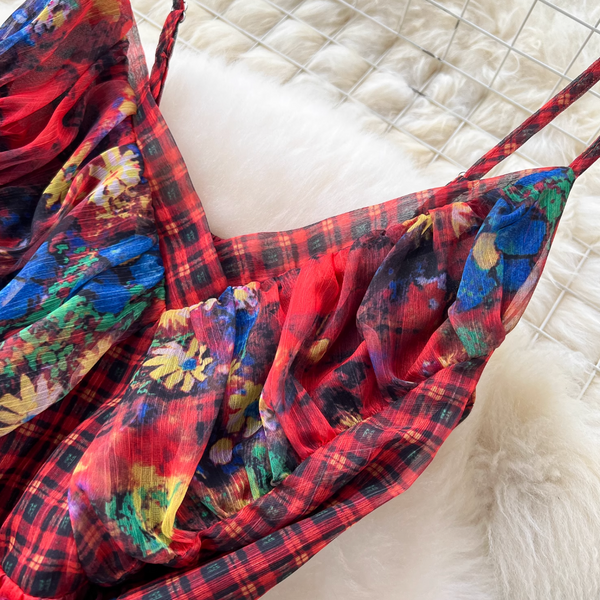 French Style Knitted Floral Plaid Dress