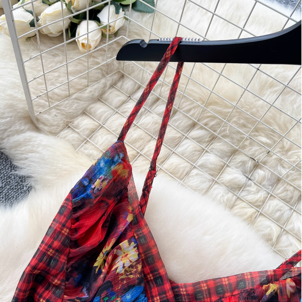 French Style Knitted Floral Plaid Dress