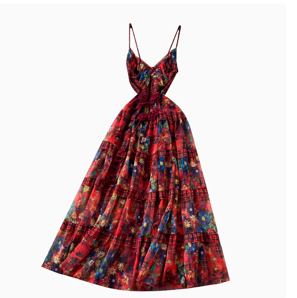 French Style Knitted Floral Plaid Dress