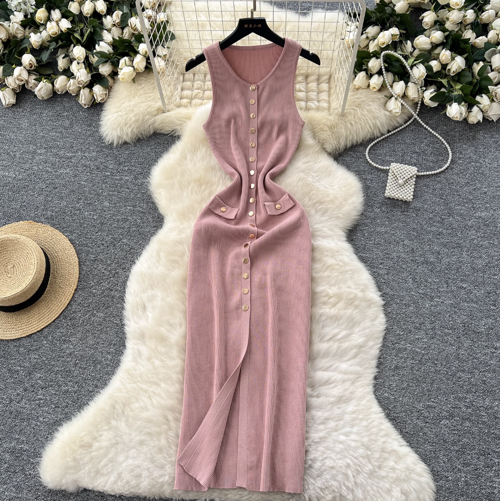 Sleeveless Single-breasted Knitted Dress