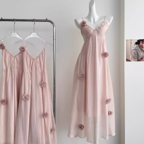 Backless 3d Floral Pink Slip Dress