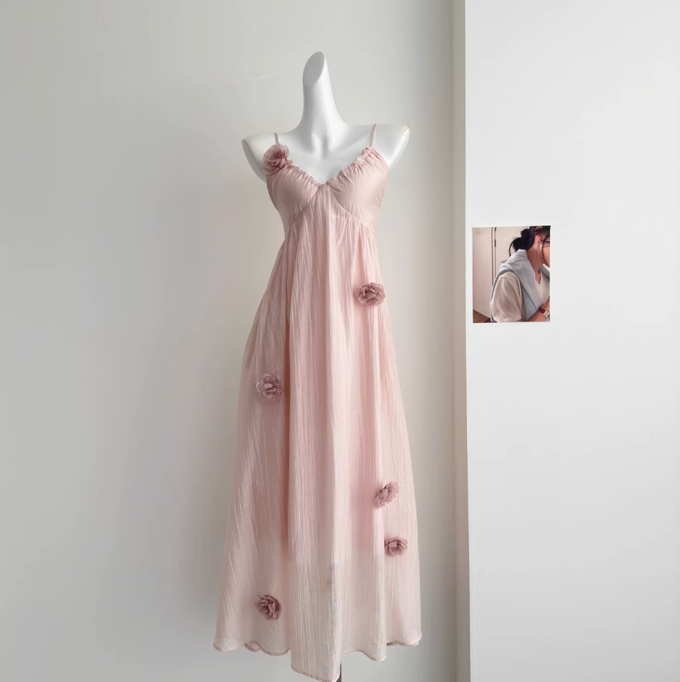 Backless 3d Floral Pink Slip Dress