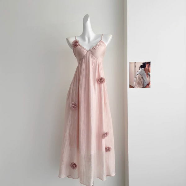 Backless 3d Floral Pink Slip Dress