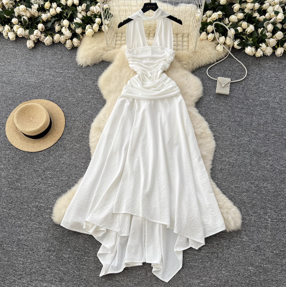 Irregular Design White Halter Dress