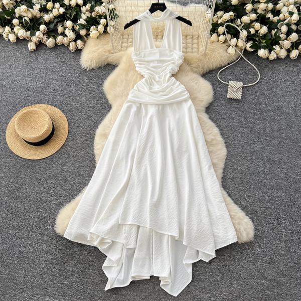 Irregular Design White Halter Dress