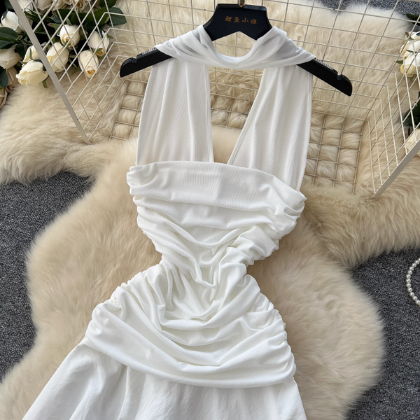 Irregular Design White Halter Dress