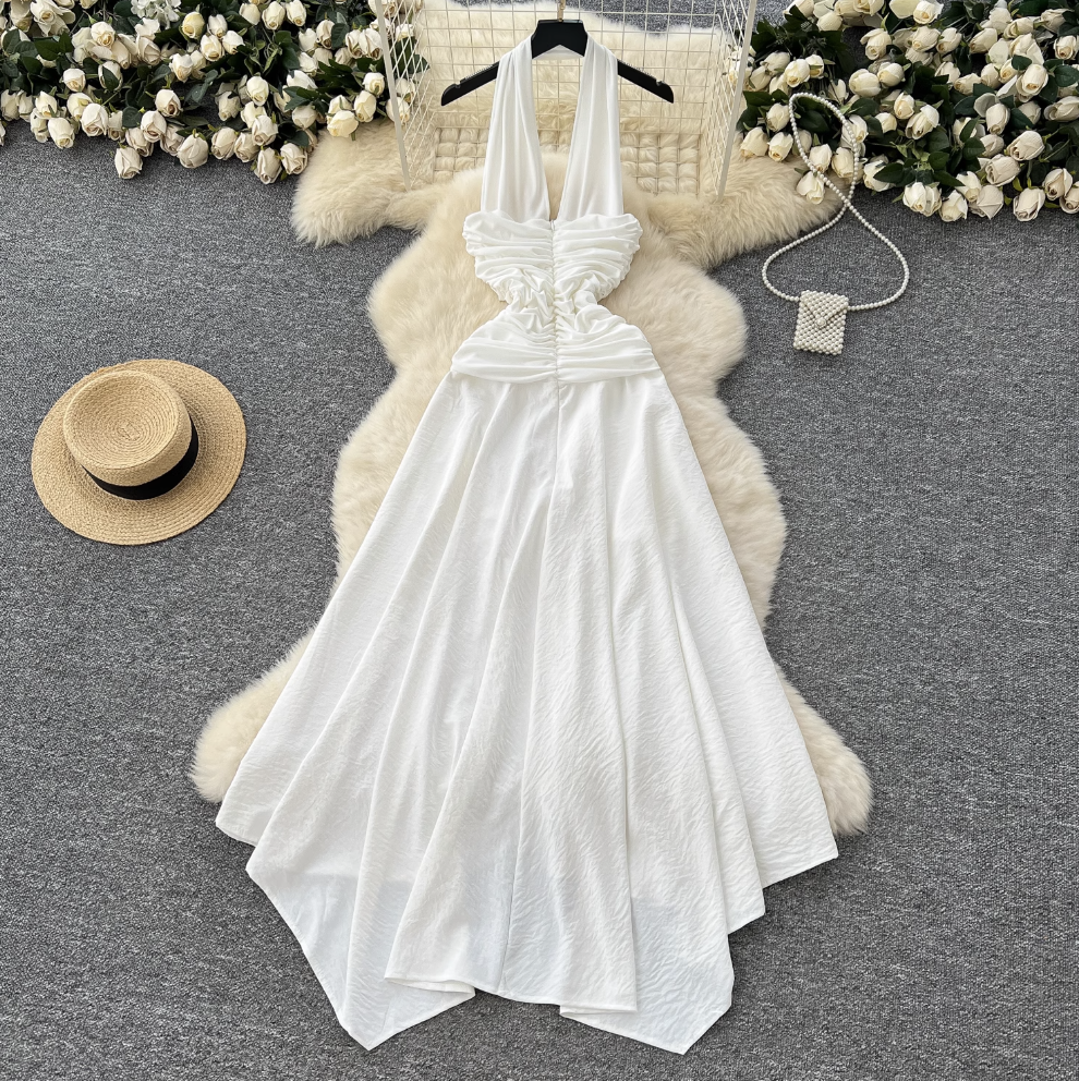 Irregular Design White Halter Dress