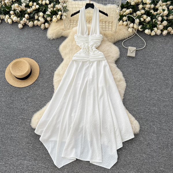 Irregular Design White Halter Dress