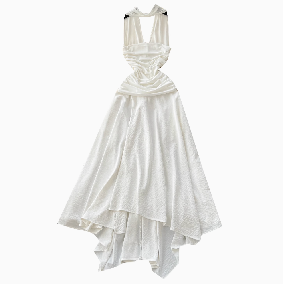 Irregular Design White Halter Dress