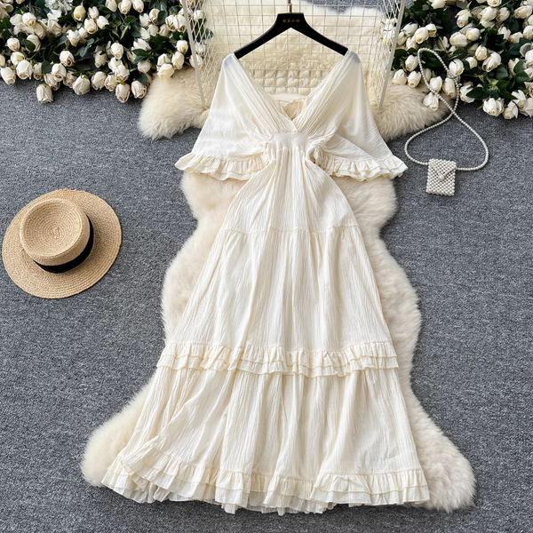 French Style V-neck Apricot Dress