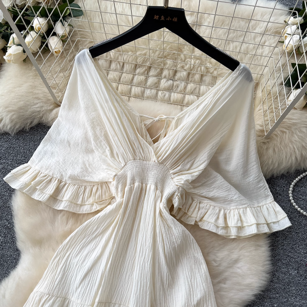 French Style V-neck Apricot Dress