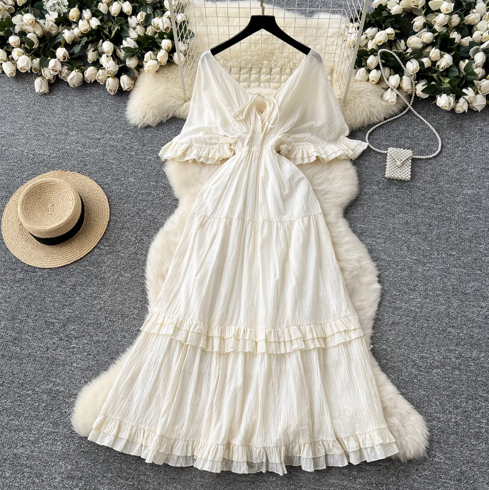 French Style V-neck Apricot Dress