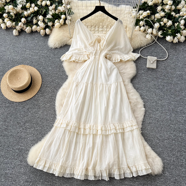 French Style V-neck Apricot Dress