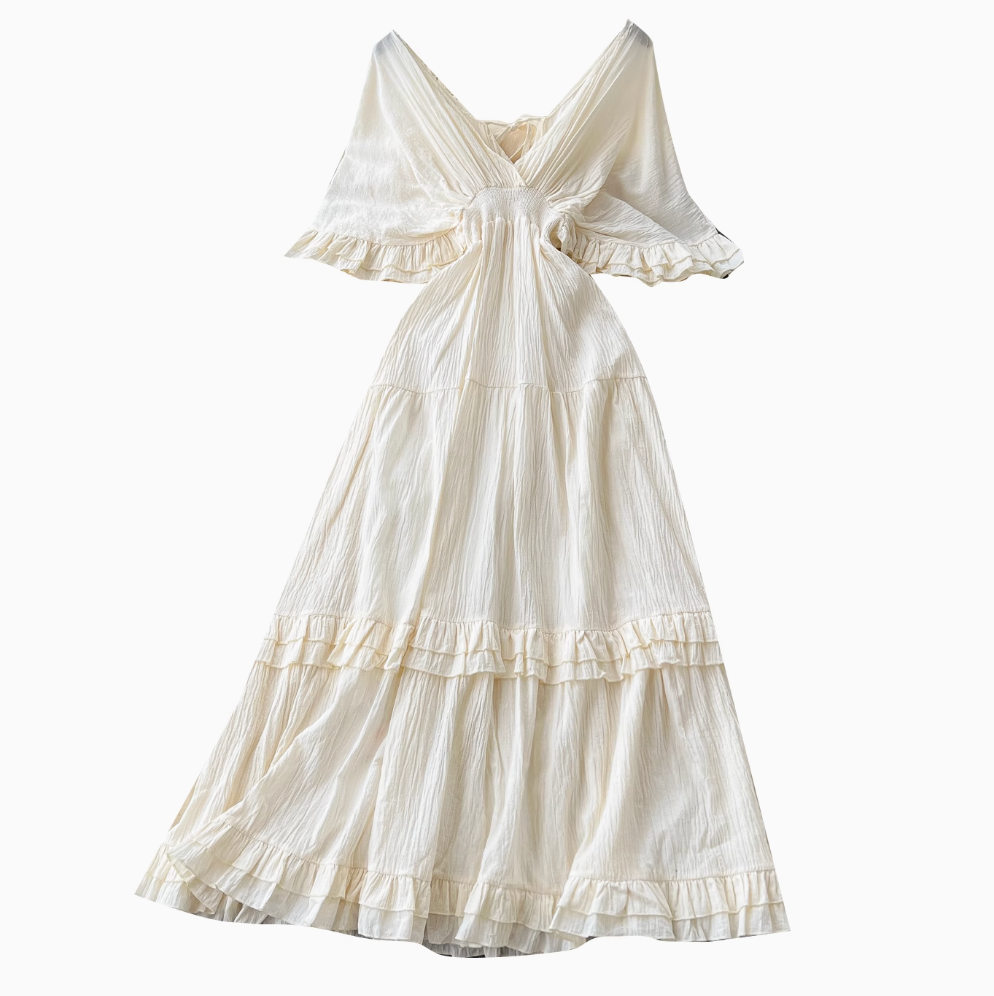 French Style V-neck Apricot Dress