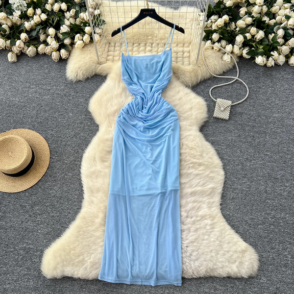 Simple Design Pleated Mesh Slip Dress