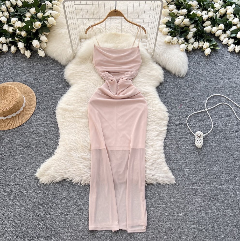 Simple Design Pleated Mesh Slip Dress