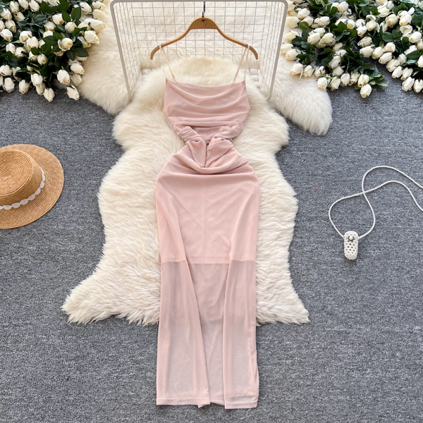 Simple Design Pleated Mesh Slip Dress