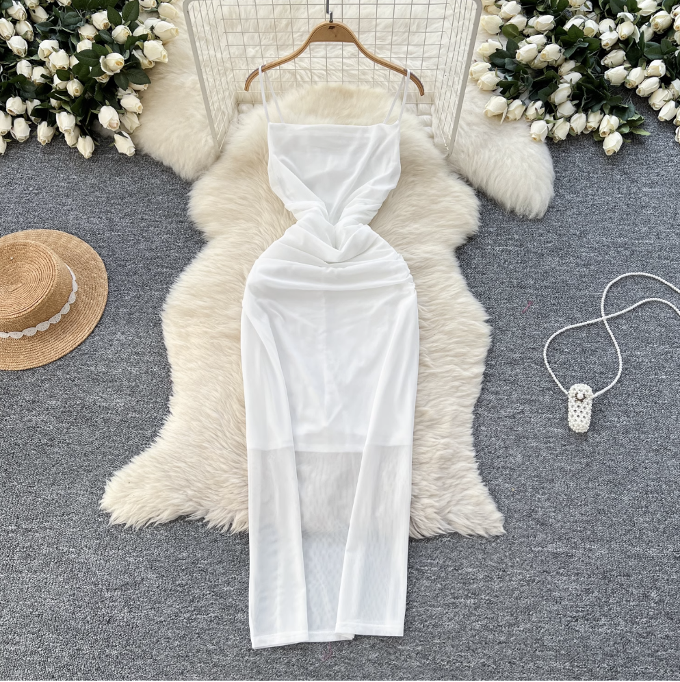 Simple Design Pleated Mesh Slip Dress