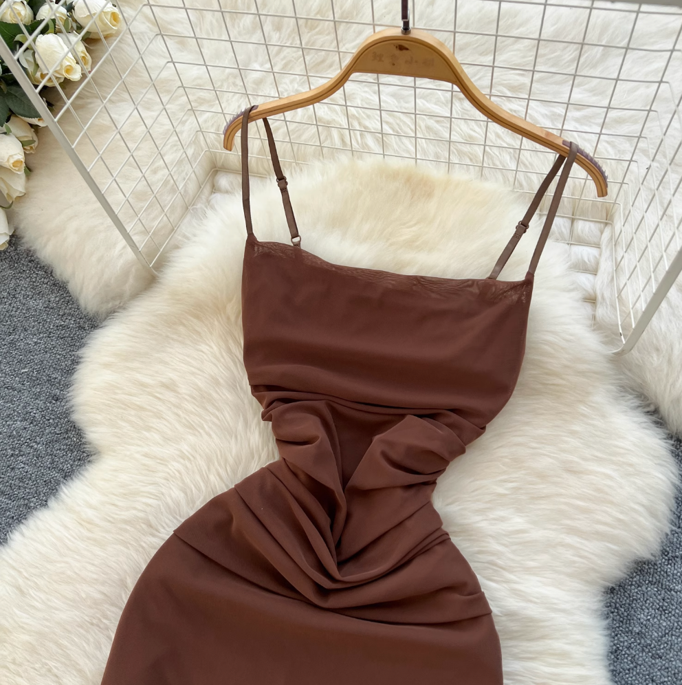 Simple Design Pleated Mesh Slip Dress