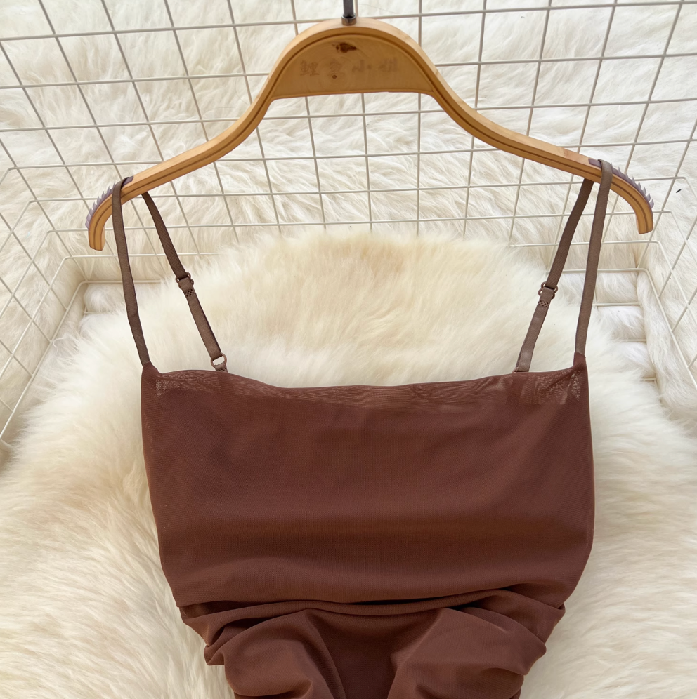 Simple Design Pleated Mesh Slip Dress
