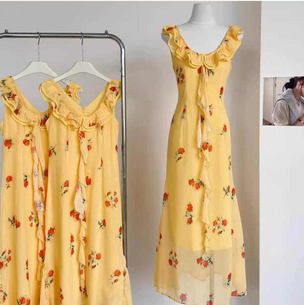 Sweetie Ruffled Floral Yellow Chiffon Dress