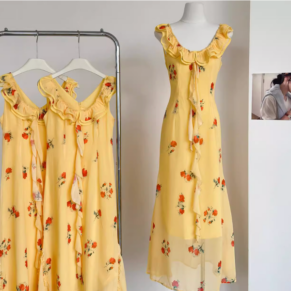 Sweetie Ruffled Floral Yellow Chiffon Dress
