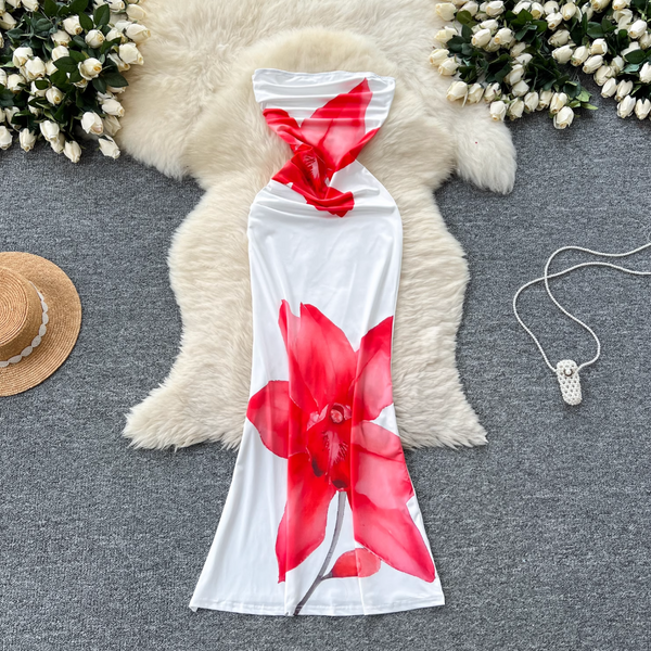 Off-shoulder Flower Printed White Dress