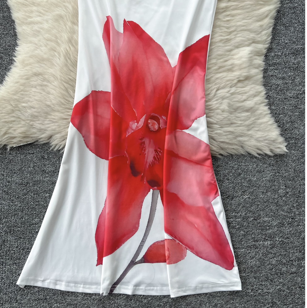 Off-shoulder Flower Printed White Dress
