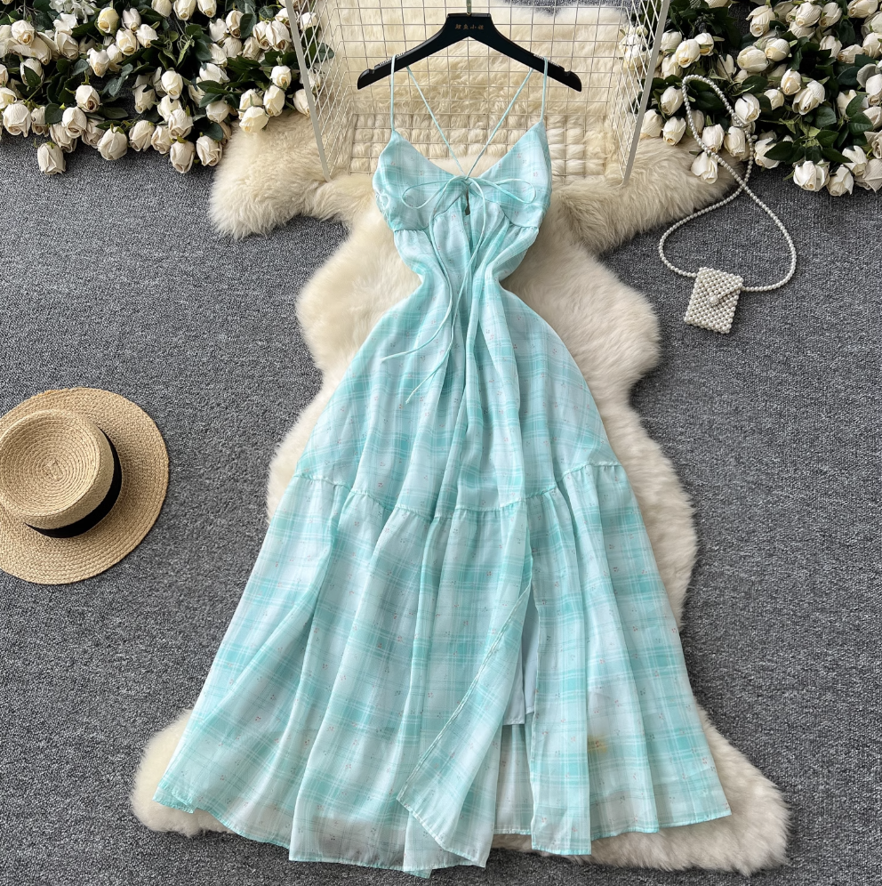 Mori Backless Plaid Green Slip Dress