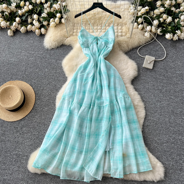 Mori Backless Plaid Green Slip Dress