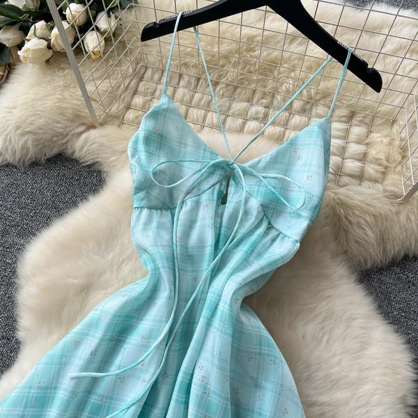 Mori Backless Plaid Green Slip Dress