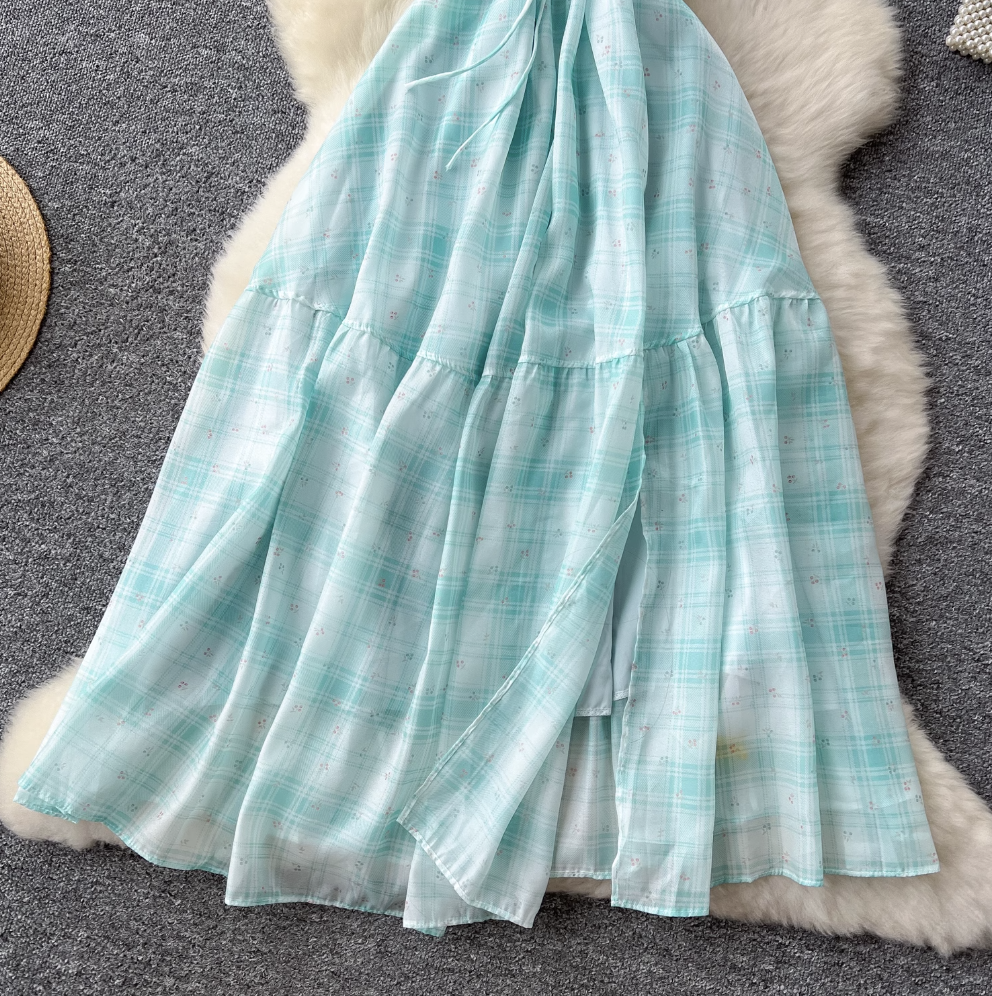 Mori Backless Plaid Green Slip Dress