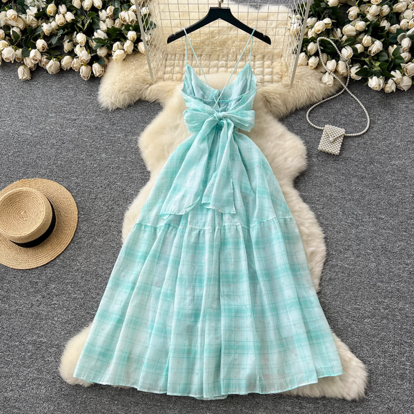 Mori Backless Plaid Green Slip Dress