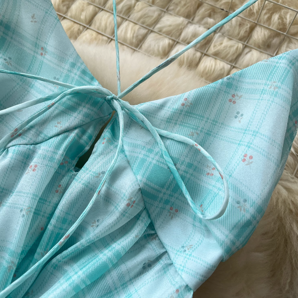 Mori Backless Plaid Green Slip Dress