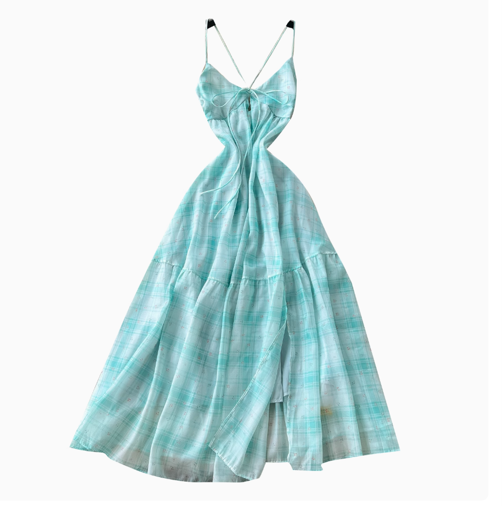 Mori Backless Plaid Green Slip Dress